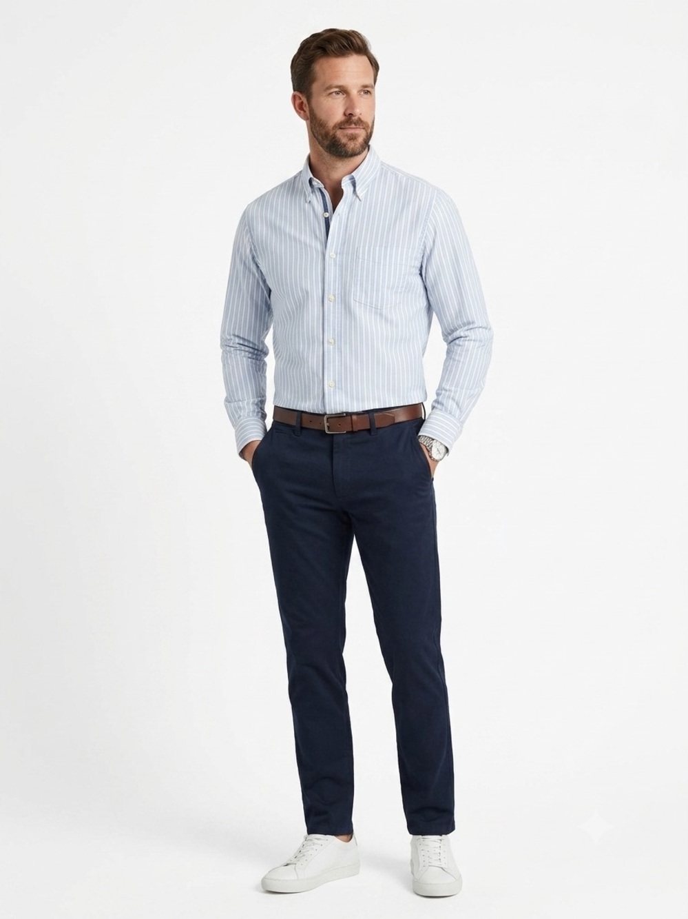 Basic Editions Men's Light Blue & White Vertical Striped Button-Down Shirt
